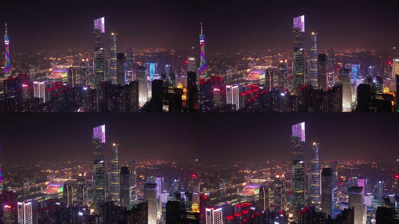 夜间照明广州市市中心滨河湾交通街空中全景4k中国