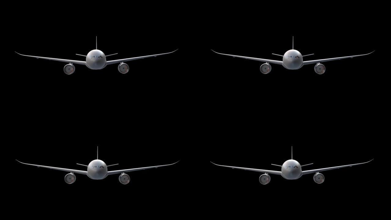 黑色背景上的飞机飞行动画。4K