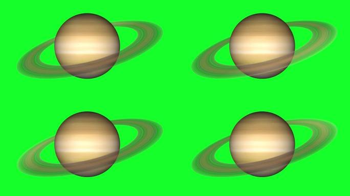 绿屏上有卫星的土星行星。孤立的巨型气体行星，它有环，在阿尔法通道上旋转。