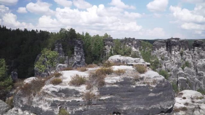 德国德累斯顿撒克逊瑞士易北砂岩山和岩层桥的平移视图