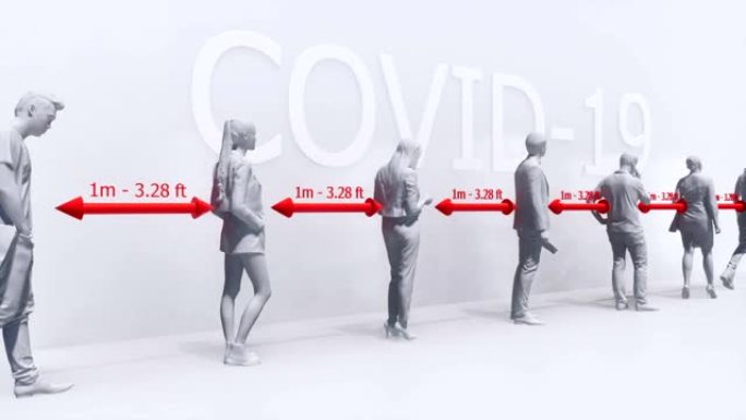人们在大流行新型冠状病毒肺炎中保持安全距离的三维动画示意图