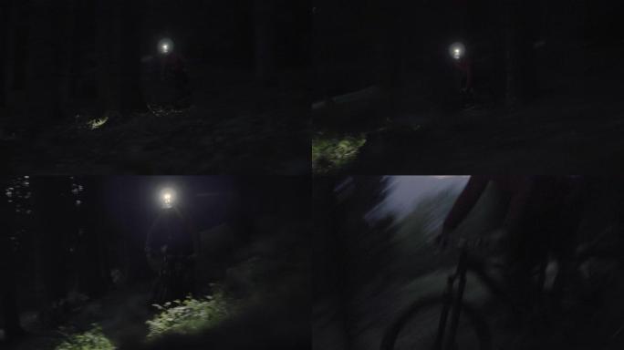 晚上骑MTB电动自行车的骑自行车的人在森林里下山的惊人照片。