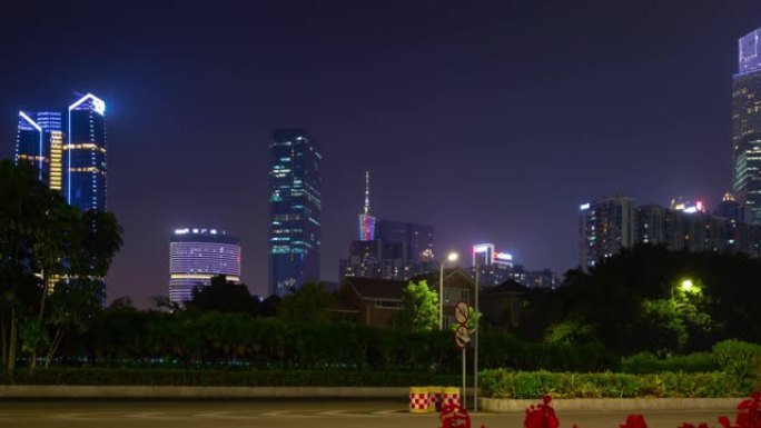夜间照明广州市中心繁忙交通街道延时全景4k中国