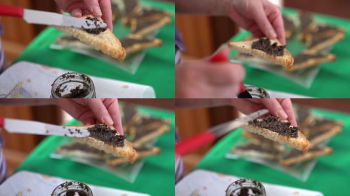 经典意大利意式烤面包的特写镜头，搭配新鲜的黑松露酱，用于宴会。独家松露蘑菇奶油，美味开胃菜。美食和稀