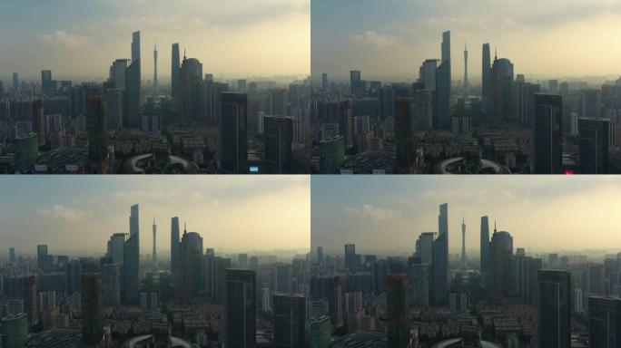 阳光明媚的夜晚广州市市中心主塔区空中全景4k中国