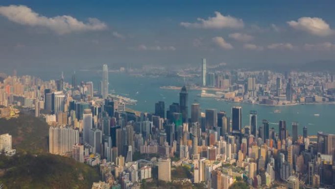 飞越香港维多利亚港市中心晴天空中全景4k延时