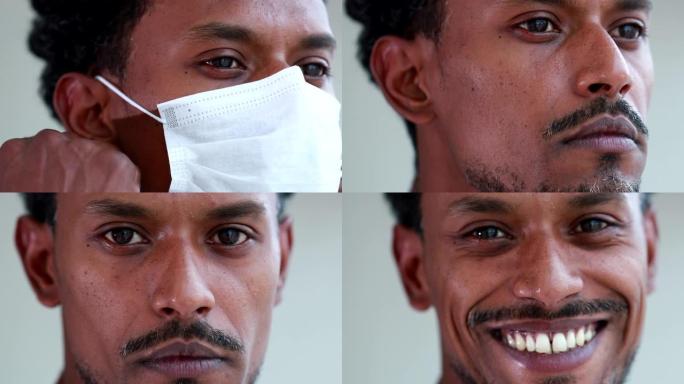 非洲黑人男子脱下病毒面具，对相机肖像微笑
