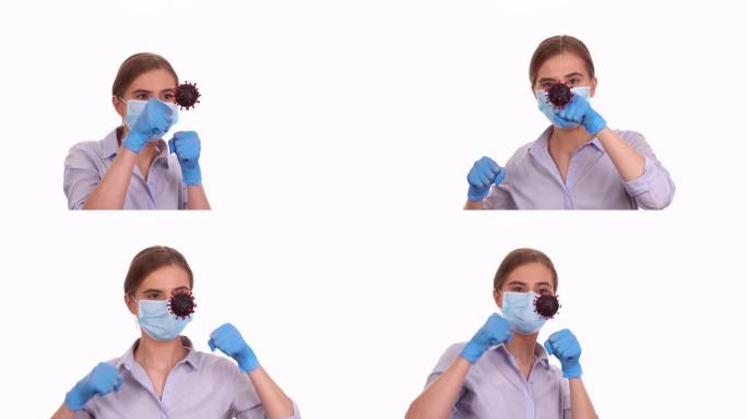 戴着医用面具的女人对抗新型冠状病毒肺炎病毒细胞