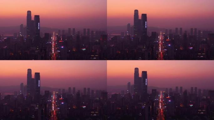 日落时间照明长沙市市中心交通街空中全景4k中国