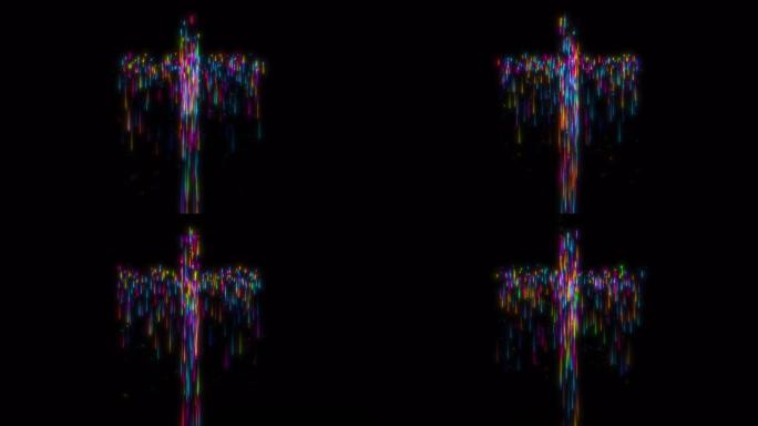 抽象黑色背景上圣十字的多色发光条纹粒子循环。