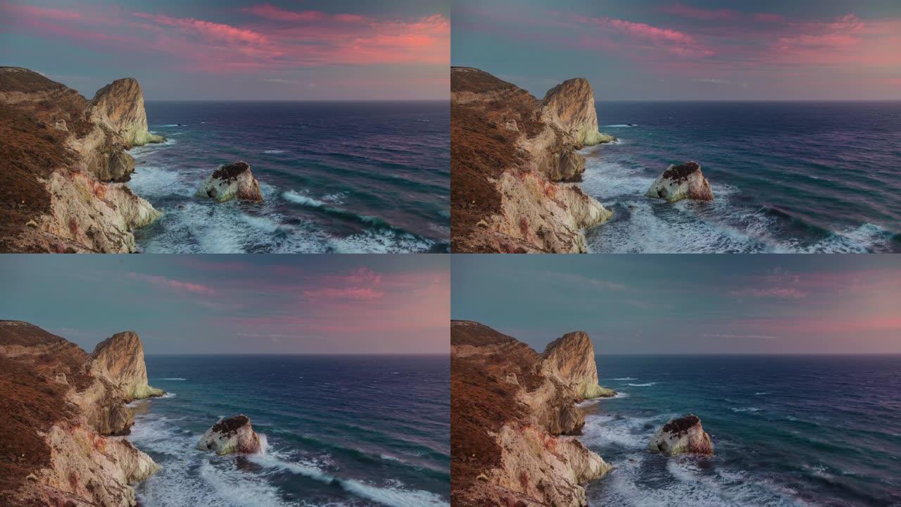 日落天空圣托里尼岛岩石湾全景4k延时希腊