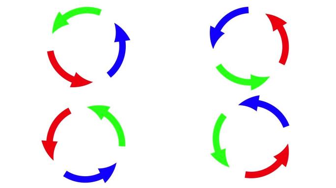 旋转彩色圆圈，箭头孤立在白色背景上。2d动画。