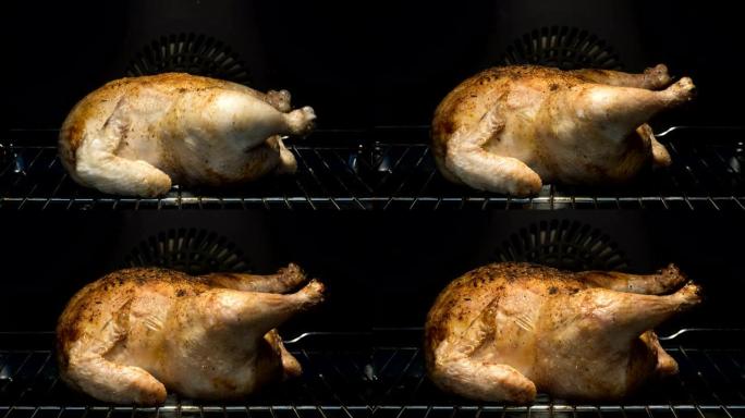 烤箱里美味又脆的烤鸡。皮下塞满黄油，上面塞满香草。4k延时镜头，放大效果