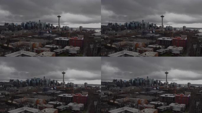 暴风雨雨天西雅图市中心空中太空针