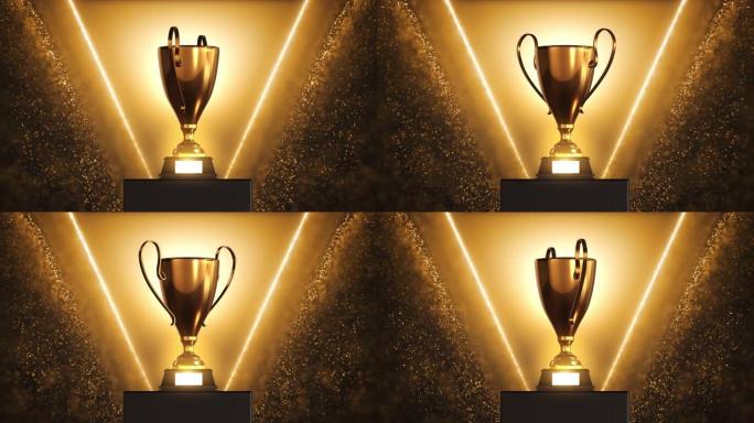 3D奖杯与黄金颗粒背景4k循环