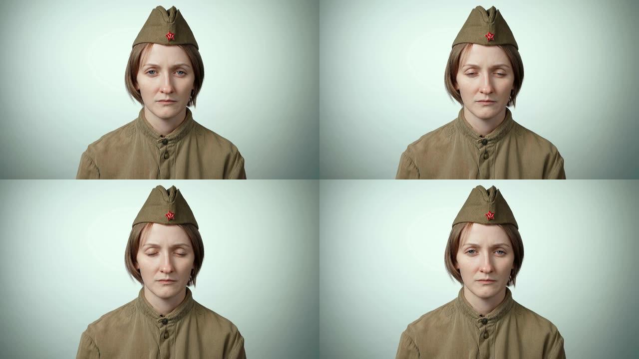 一名年轻女子身穿苏联红军白衣的视频