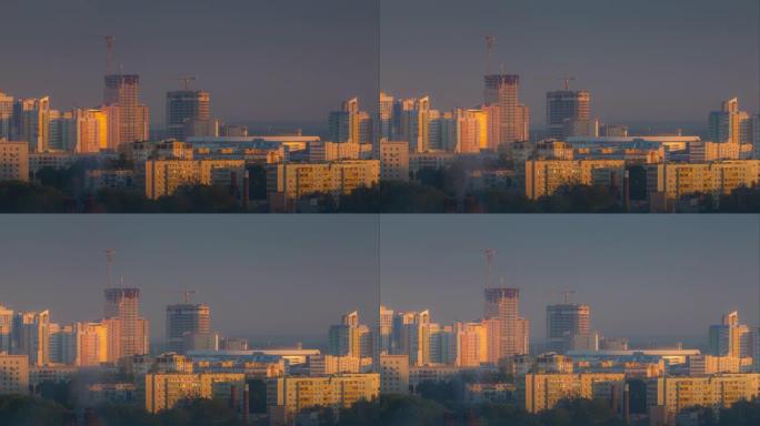 明斯克市中心日落天空屋顶全景4k延时白俄罗斯