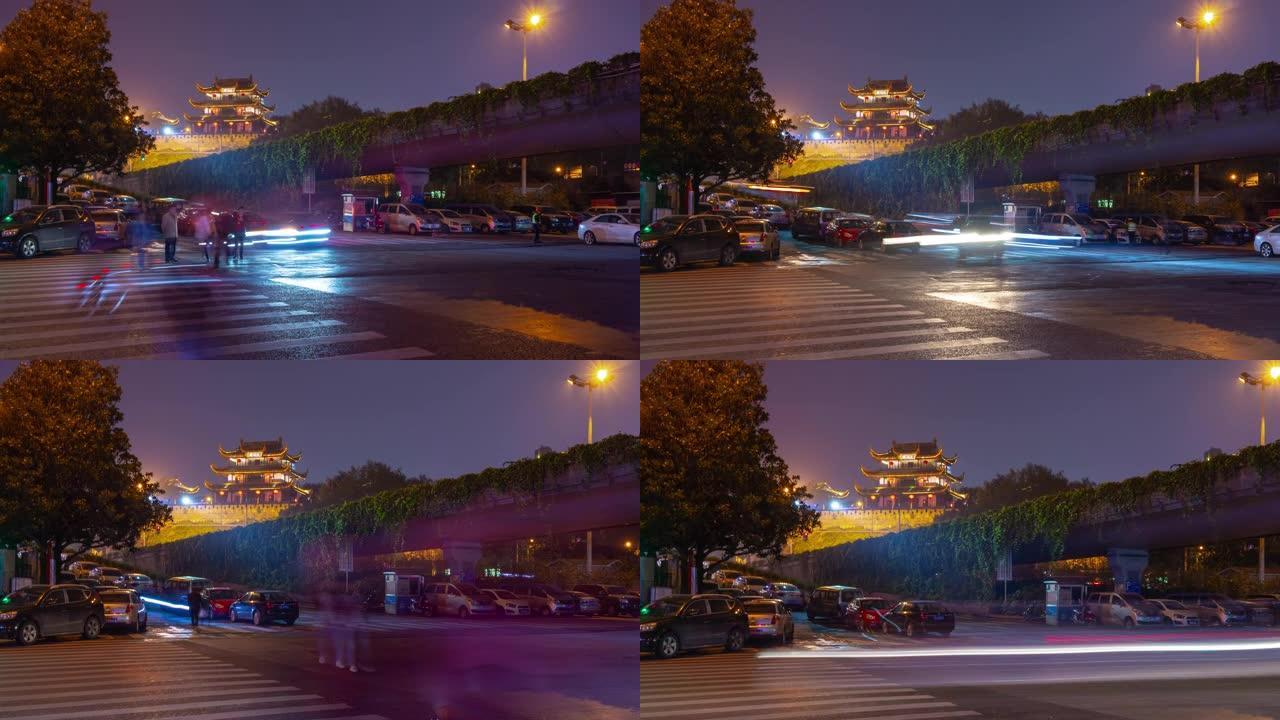 长沙市夜间交通街道人行横道全景全景延时4k中国
