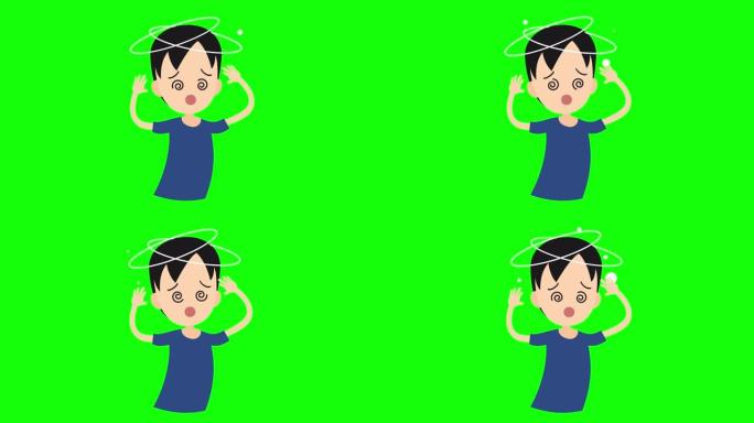 动画男人卡通昏厥冠状病毒，新型冠状病毒肺炎或2019-nCov症状，大流行和病毒意识概念，在绿色屏幕