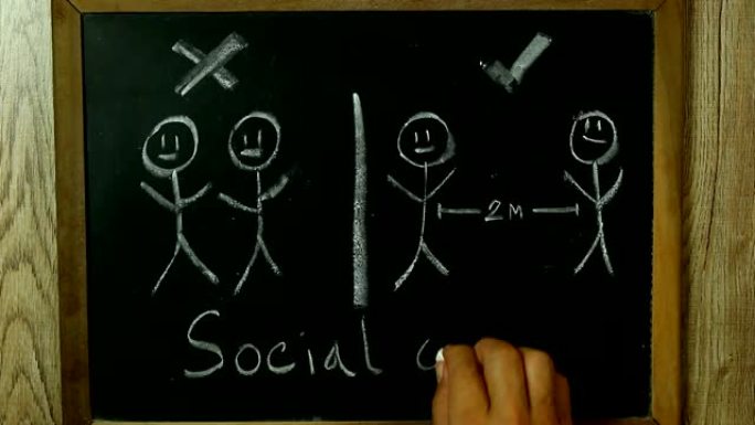 男子在黑板上写社交距离标志