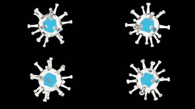 冠状病毒在黑色背景上旋转，3d运动图形