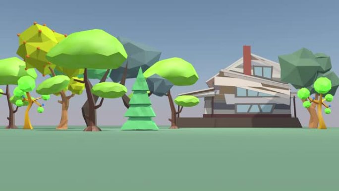 可爱的乡村景观，多边形树木和一所房子。3D渲染