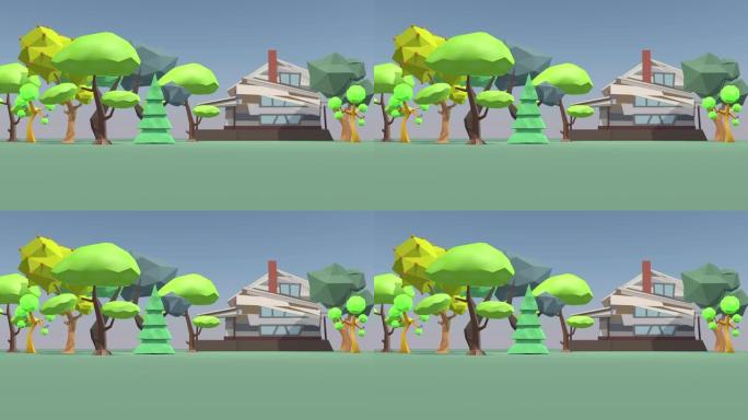 可爱的乡村景观，多边形树木和一所房子。3D渲染