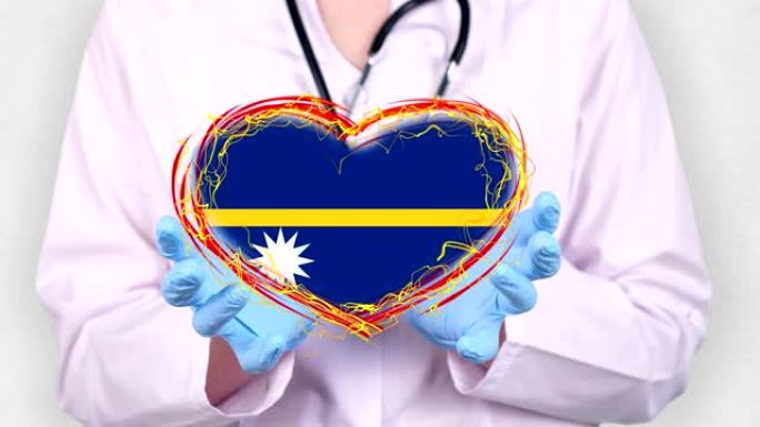 特写镜头。医生身穿白大褂，双手握着蓝色手套，绘有瑙鲁旗帜的心脏在跳动。医生对抗全球疫情冠状病毒的概念
