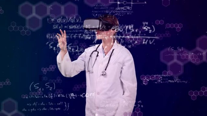 医生使用VR耳机在后台显示的统计数据上的动画。