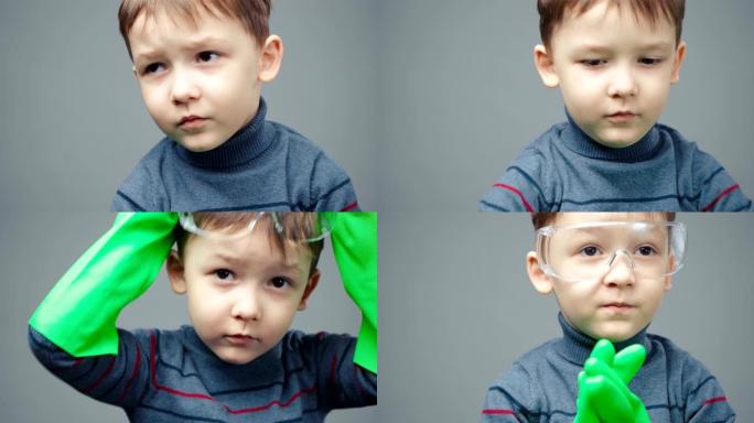 戴着绿色防护手套皱着眉头的四岁男孩的视频