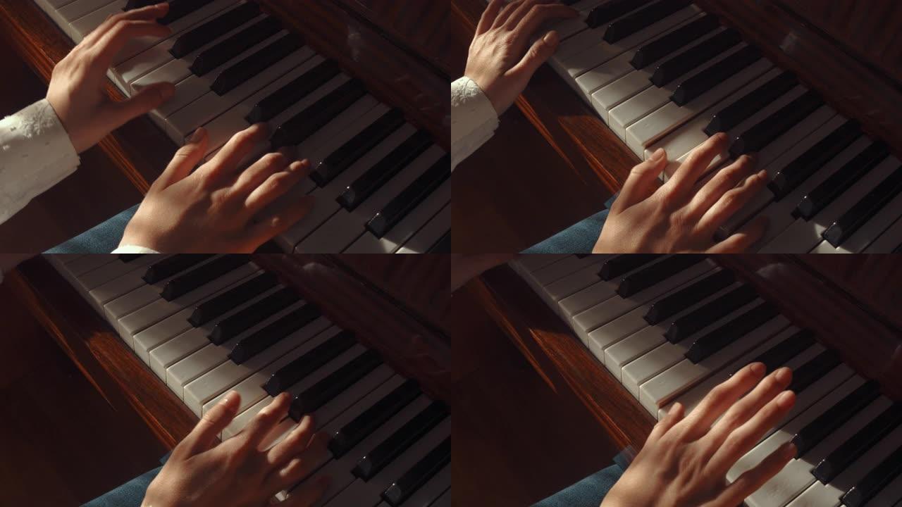 极特写女手指弹钢琴自然暖暖的晚光