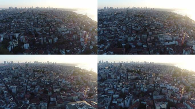 伊斯坦布尔加拉塔日出时的鸟瞰图/4K