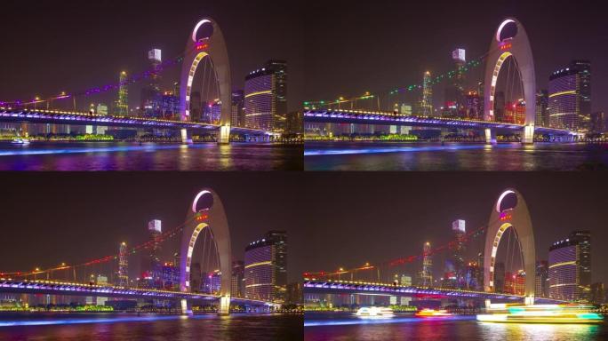 夜间照明广州市市中心交通河桥延时全景4k中国
