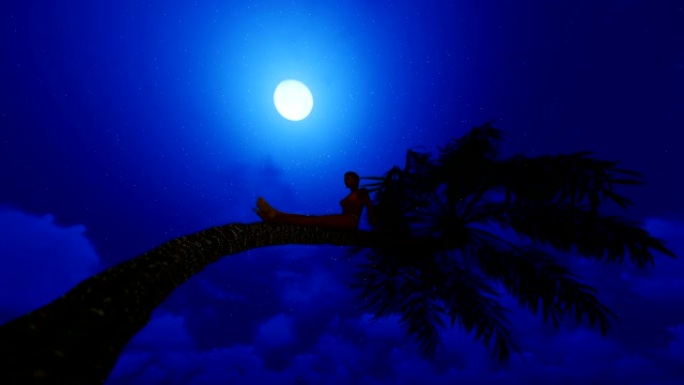 年轻女子坐在棕榈树上面对满月星空，高清