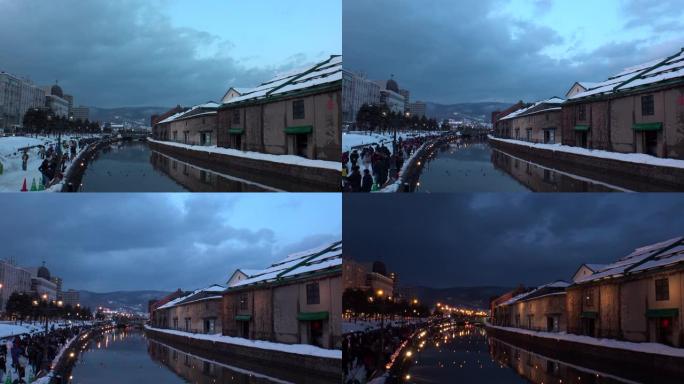 日本北海道小樽: 小樽运河。时间推移拍摄日落到晚上。