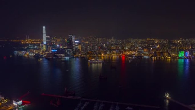 香港维多利亚港空中全景4k延时夜间照明飞行