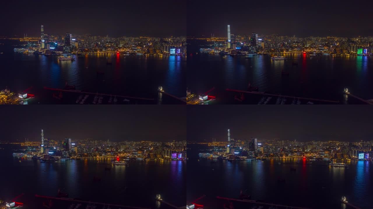香港维多利亚港空中全景4k延时夜间照明飞行