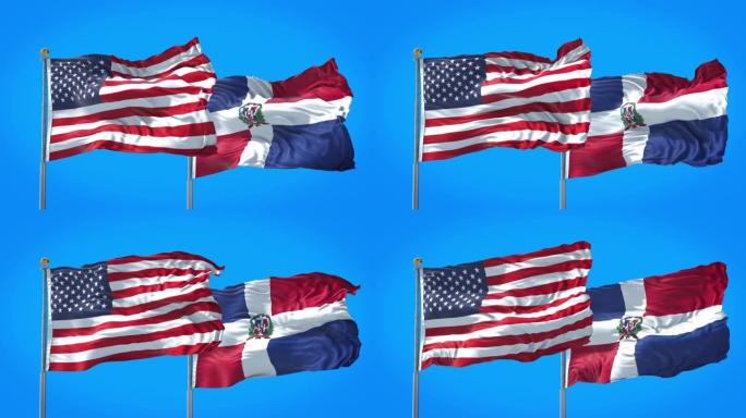 多米尼加共和国和美国的国旗一起在深蓝色的天空中飘扬。高清3D渲染。