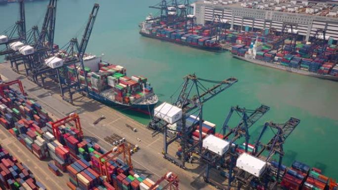 晴天香港城市港口集装箱码头空中俯冲全景4k