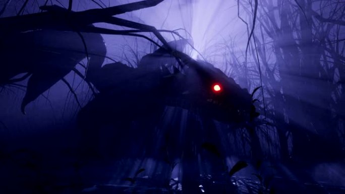 一条神奇的大龙穿过魔法迷雾笼罩的黑暗森林。神话、小说或幻想背景的动画。
