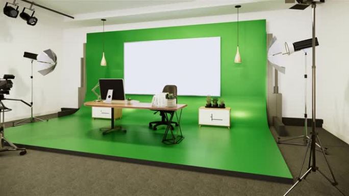 工作室-带有白色屏幕的现代电影工作室。3D渲染