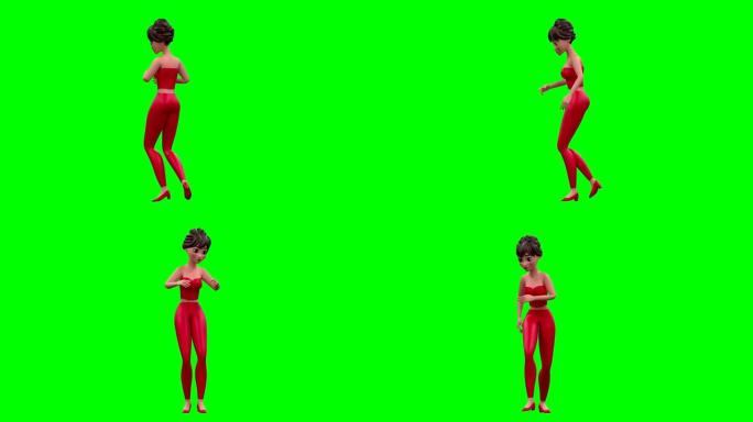 绿色盒子背景上红色的3D循环跳舞女人