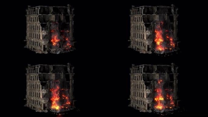 燃烧倒塌的建筑。房屋的熔融饰面着火并流到房屋的较低楼层。带有alpha通道的VFX动画。