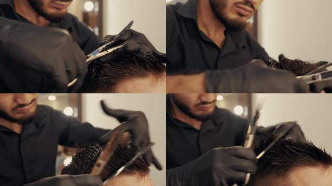 理发师在男性沙龙用发刷梳理头发，用剪刀剪头发。理发店里的男性潮人发型。用发饰关闭男性美发。