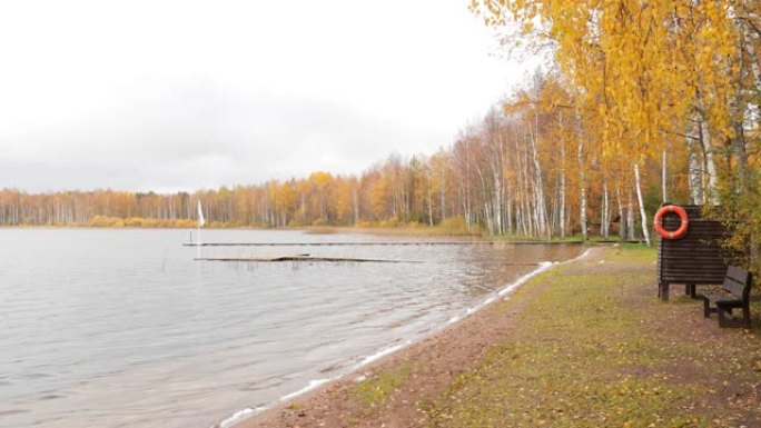 湖上的长码头，博罗耶湖的秋天，瓦尔代国家公园，俄罗斯，慢镜头视频，背景上的金色树木，木制小屋，多云的