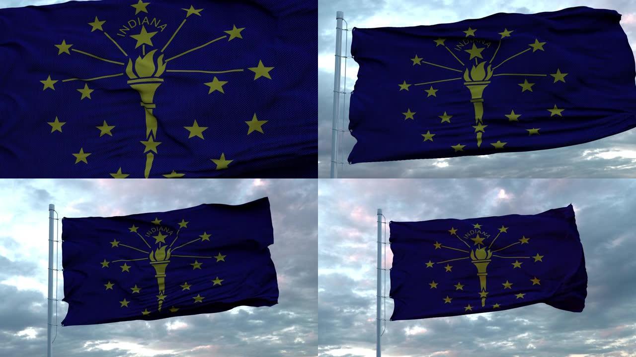印第安纳州的旗帜迎风飘扬，映衬着深邃美丽的天空
