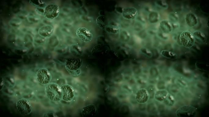 绿色疾病血细胞在医学变焦中流动在静脉或动脉中。3d渲染高清素材。