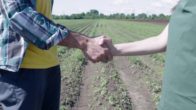 交易开始了。两个农民在农田背景上握手。达成互惠互利的协议。商务休闲问候握手。