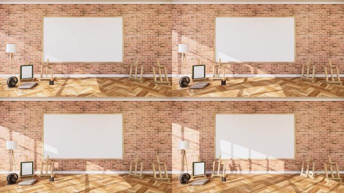 商务室空阁楼风格与白砖设计阁楼风格。3d渲染