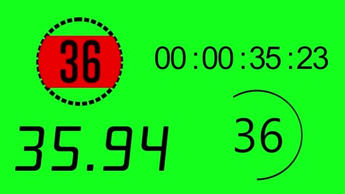 4不同的时间守护者在绿屏背景。倒计时60到0秒。带阿尔法通道的电子定时器。